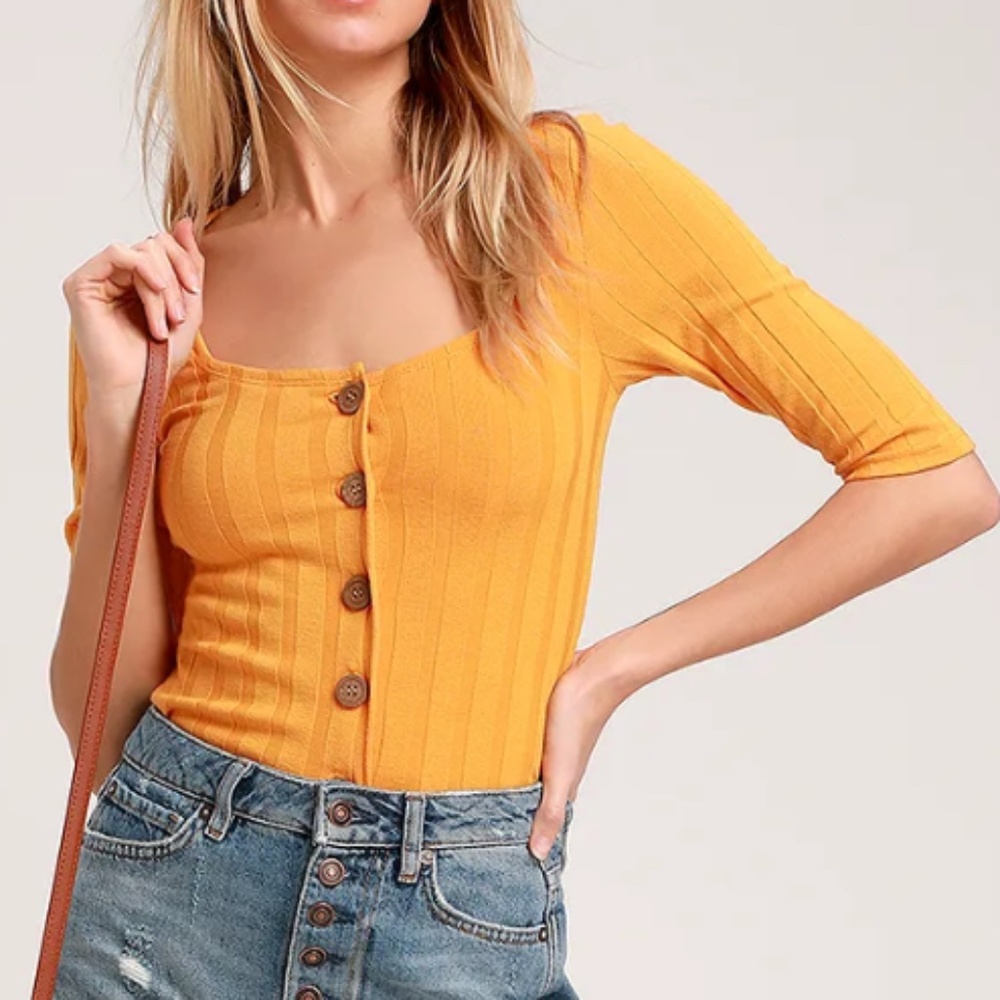 Free People Central Park Golden Yellow Three-Quarter Sleeve Cardigan Sweater